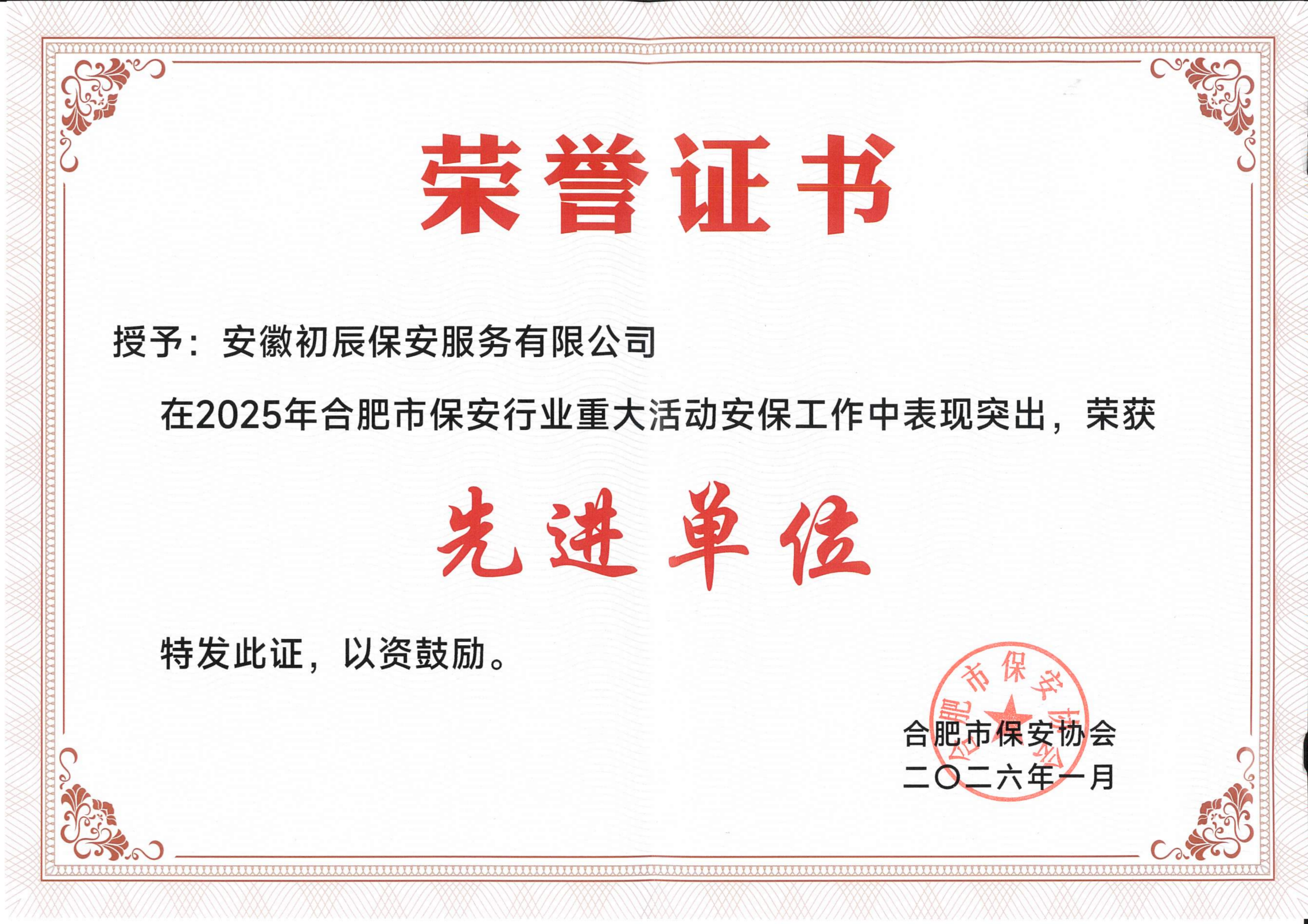 2025合肥保安协会重大安保先进单位